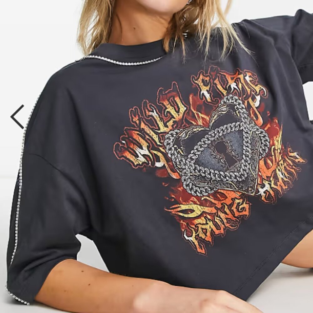 ASOS DESIGN graphic rock tee with diamante trim neck and shoulder seams in gray